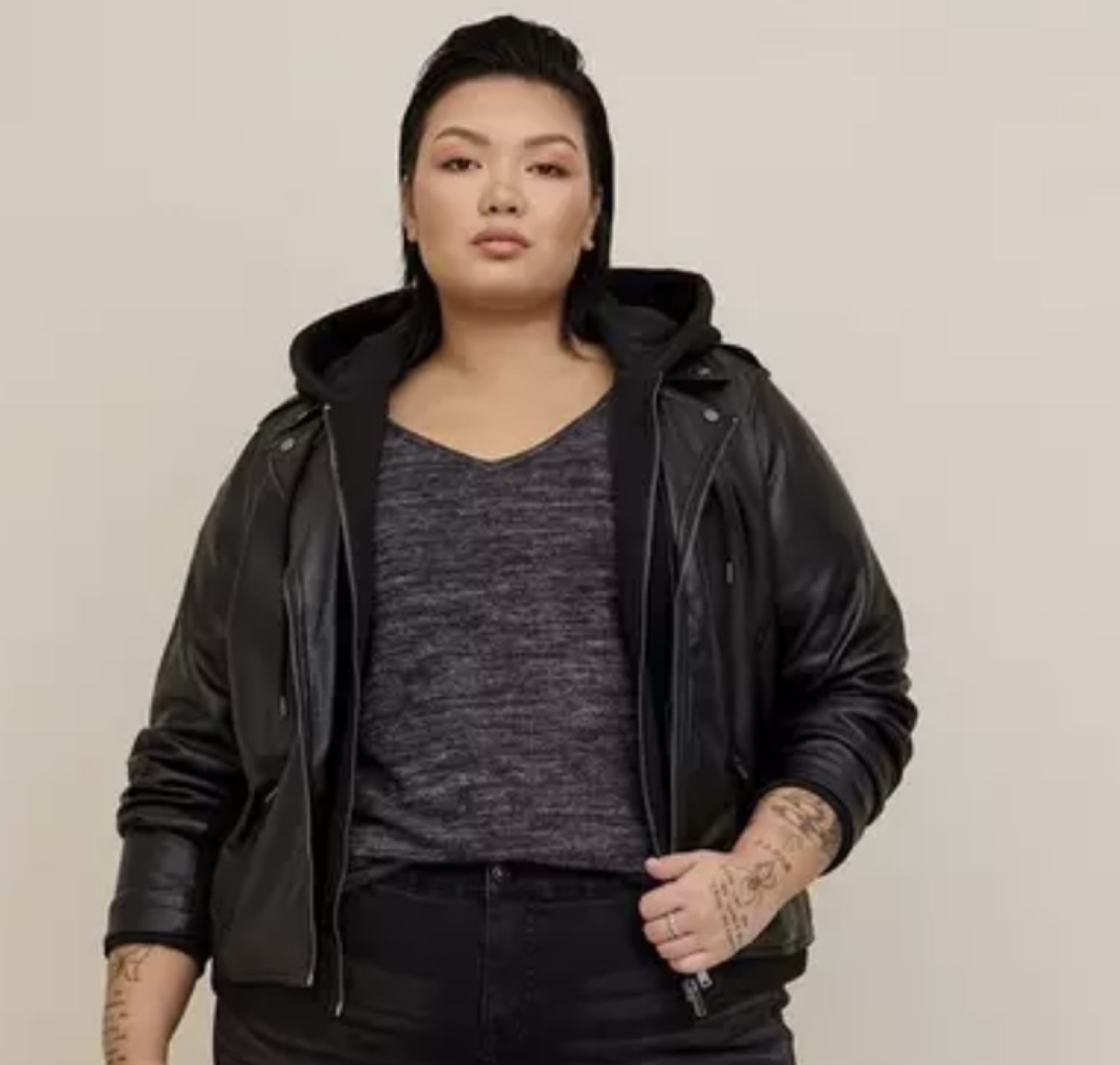 Torrid 3x - Black Mixed Media Hooded Moto Jacket - photo 2