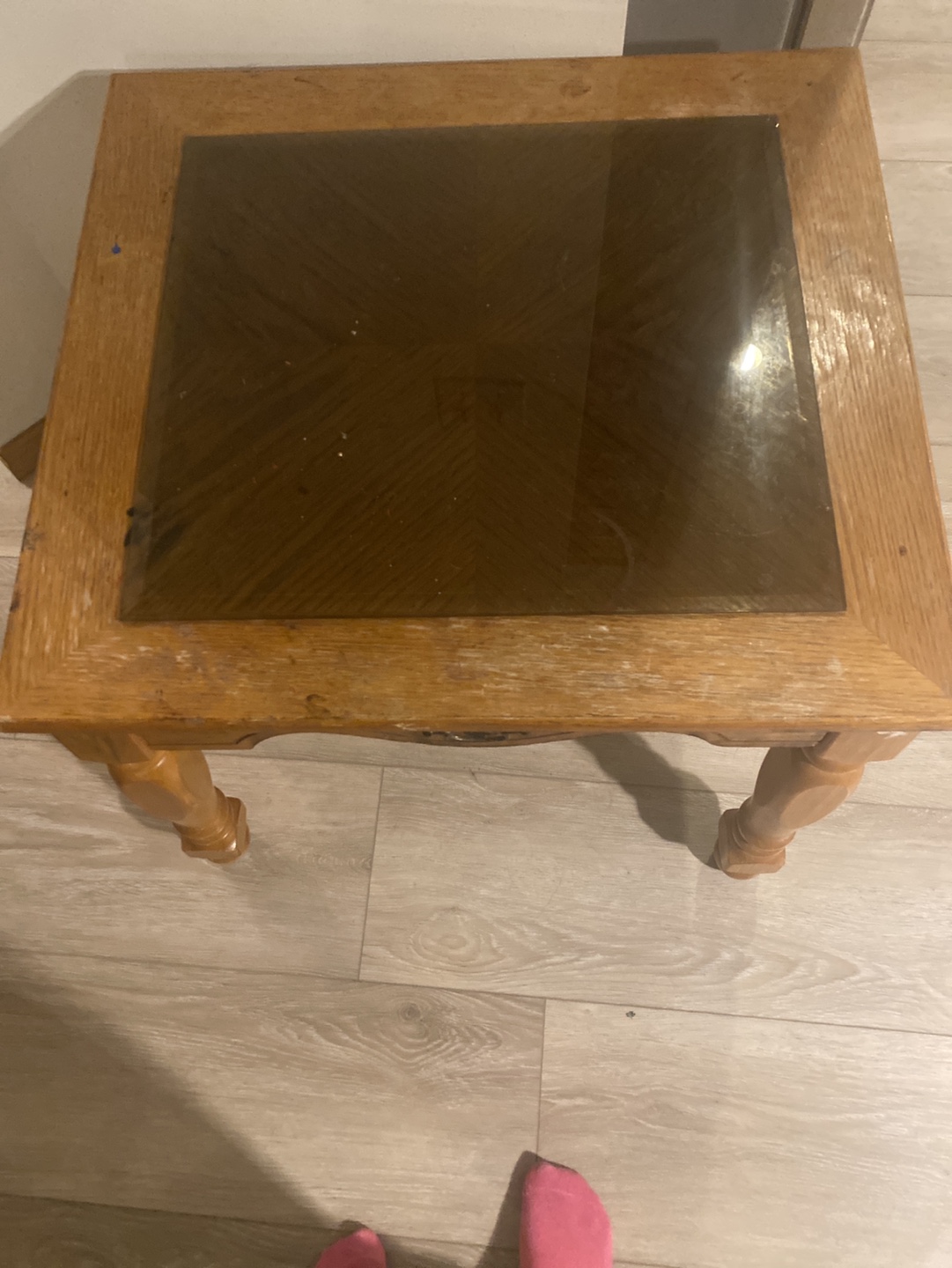 # freecycle Small wood coffee table with glass top