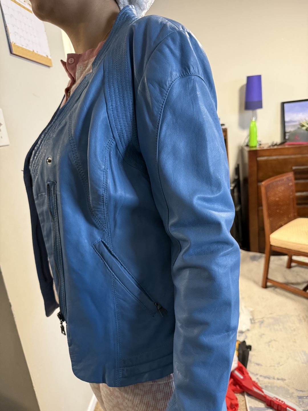 Pink Tartan Blue Leather Jacket