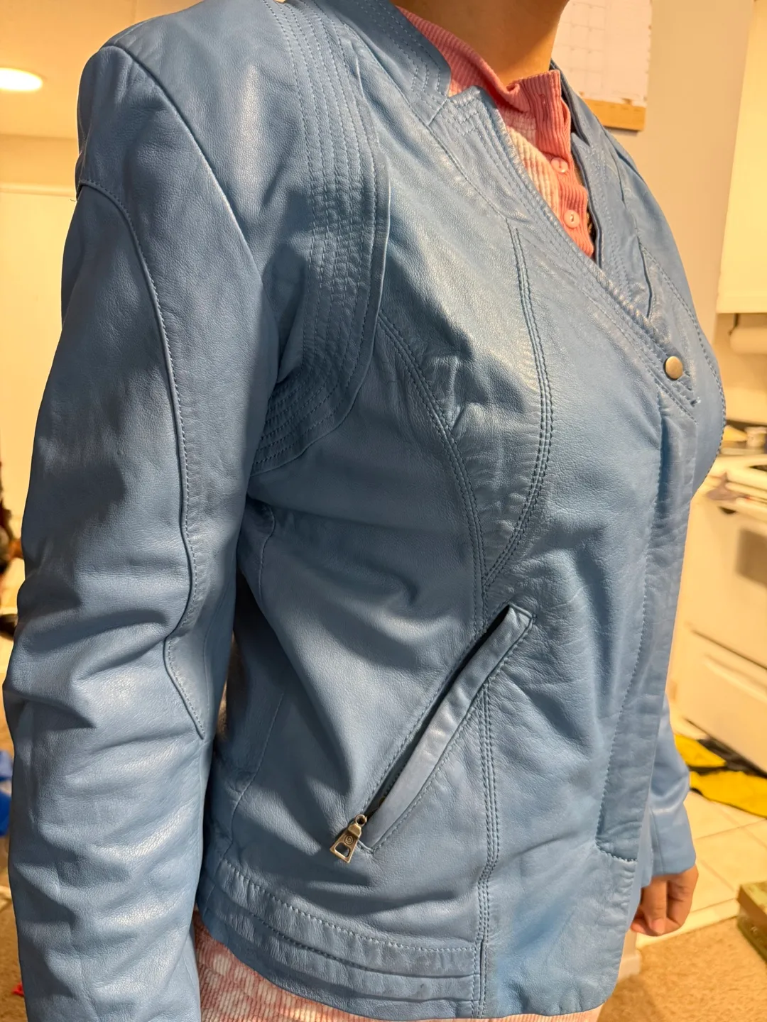 Pink Tartan Blue Leather Jacket image indicator(2)