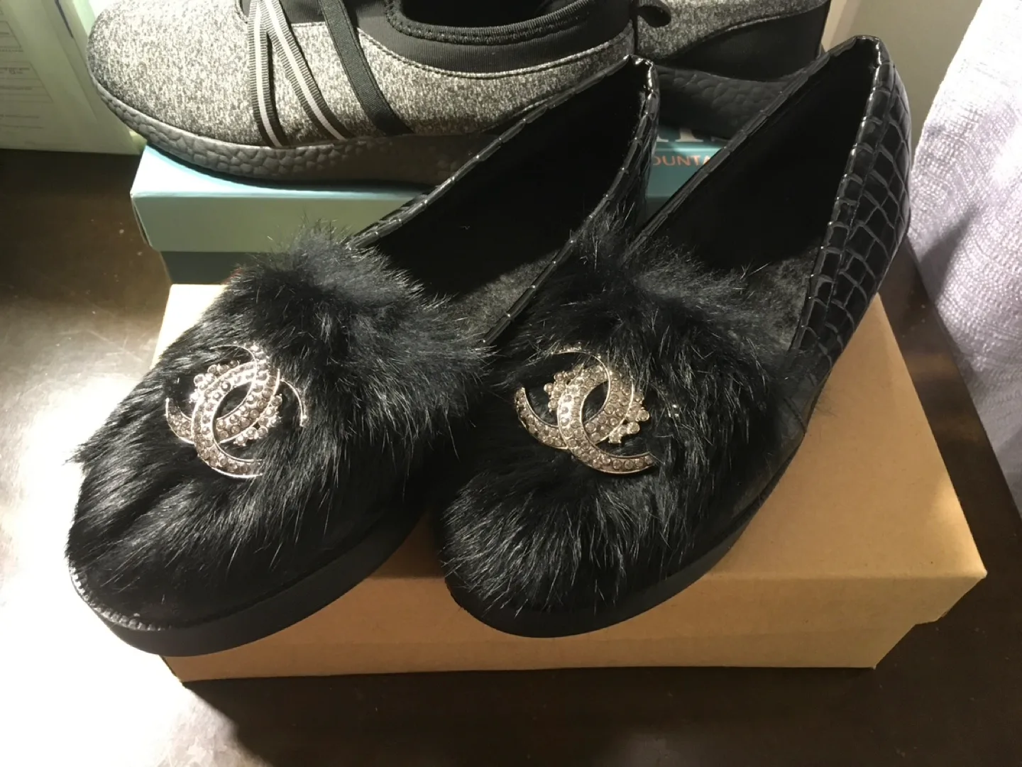 Black Furry Faux Chanel Slippers image indicator(2)