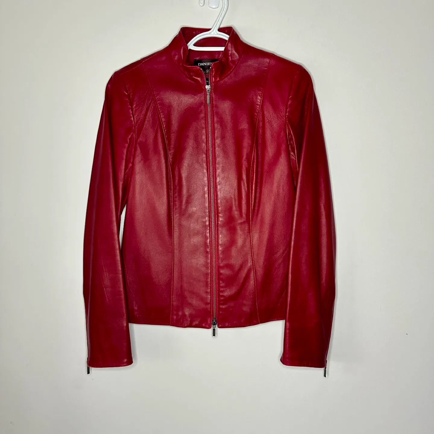 90s Danier Leather Jacket Collared 2Way Zip Red XS image indicator(4)