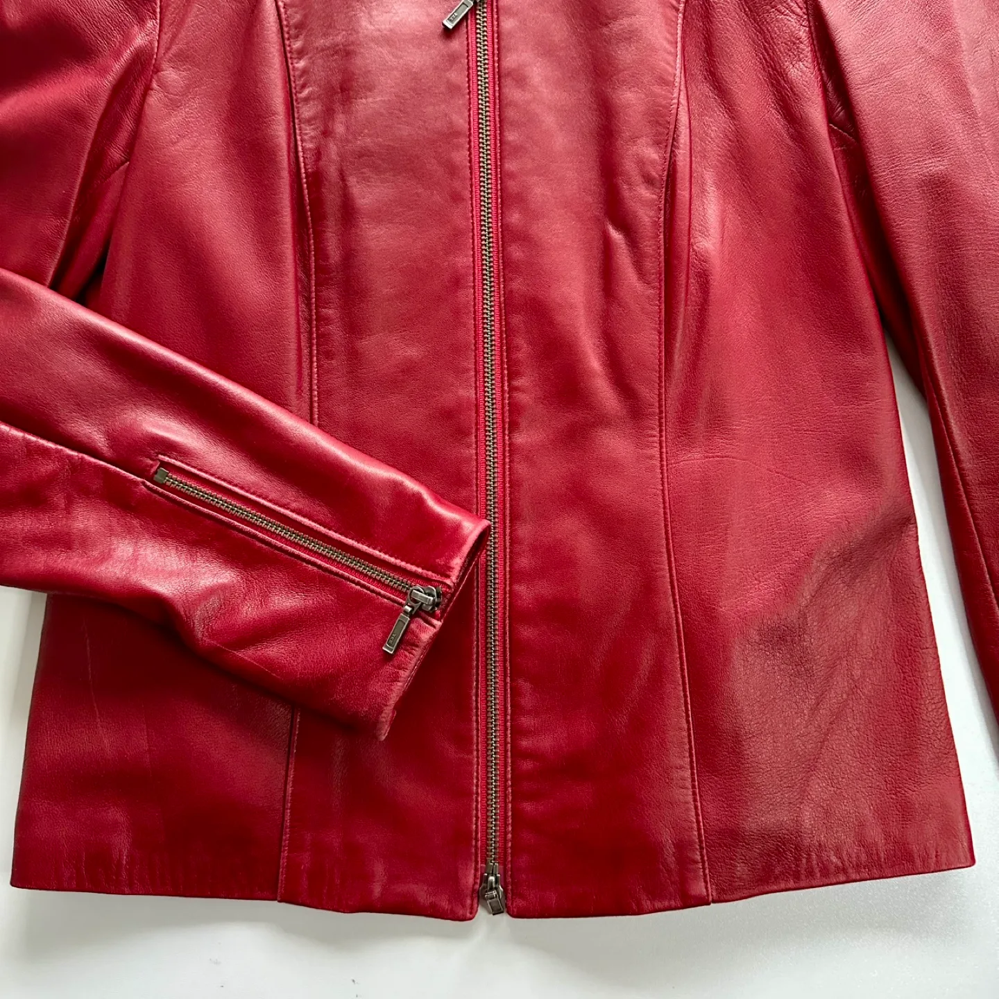 90s Danier Leather Jacket Collared 2Way Zip Red XS image indicator(8)