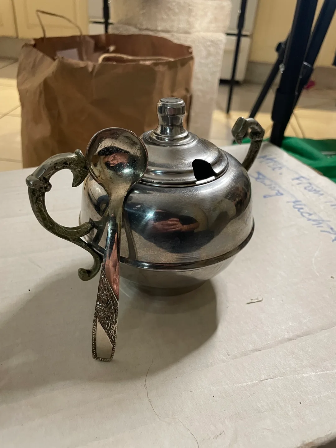 Vintage Stainless Steel Sugar Bowl with Spoon image indicator(2)