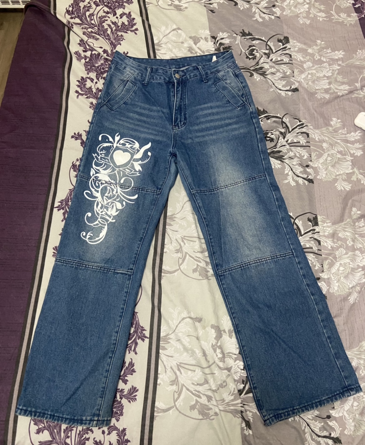 Blue Denim Jeans with White Heart Design