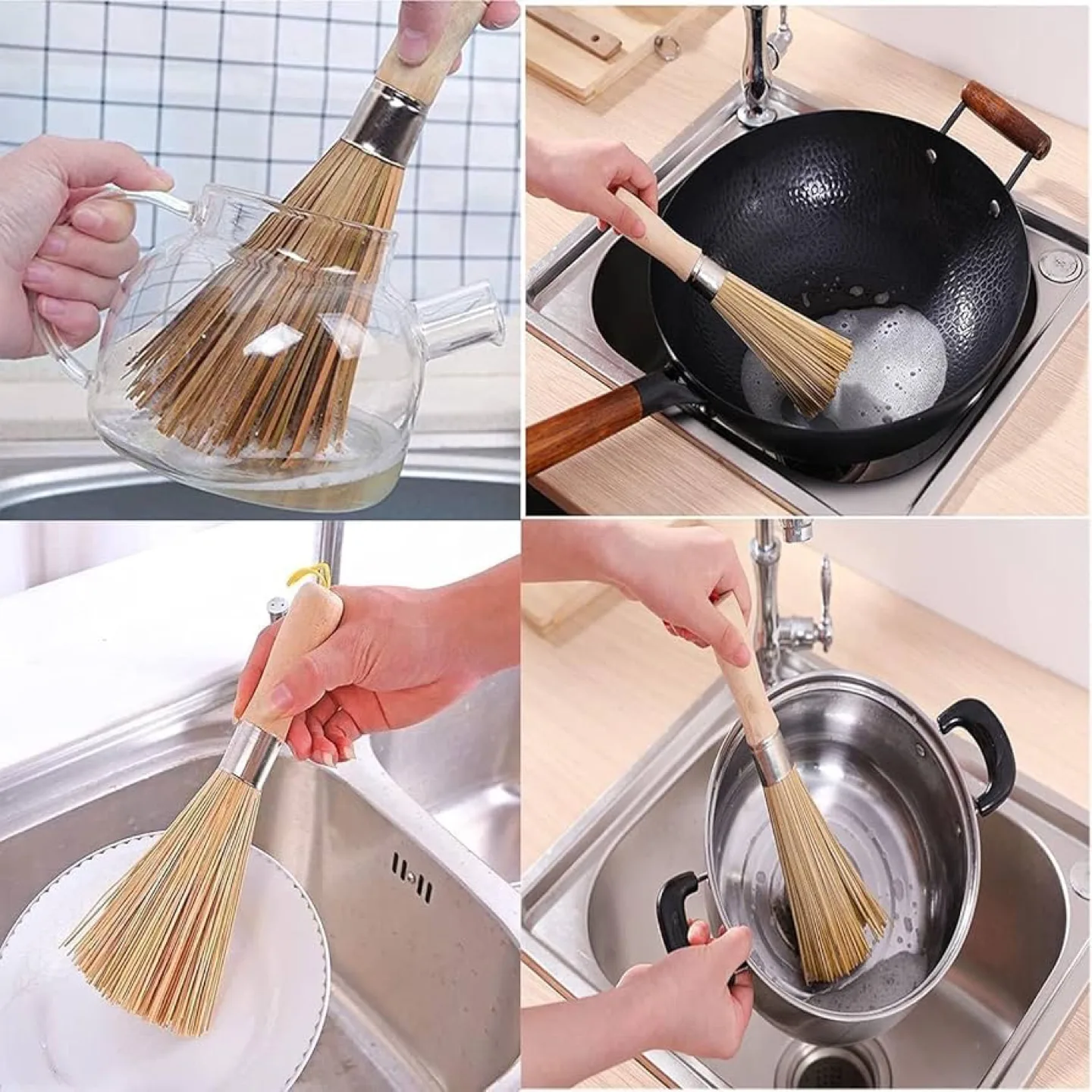 Bamboo Wash Pot Brush Long Handle Dish Washing image indicator(5)