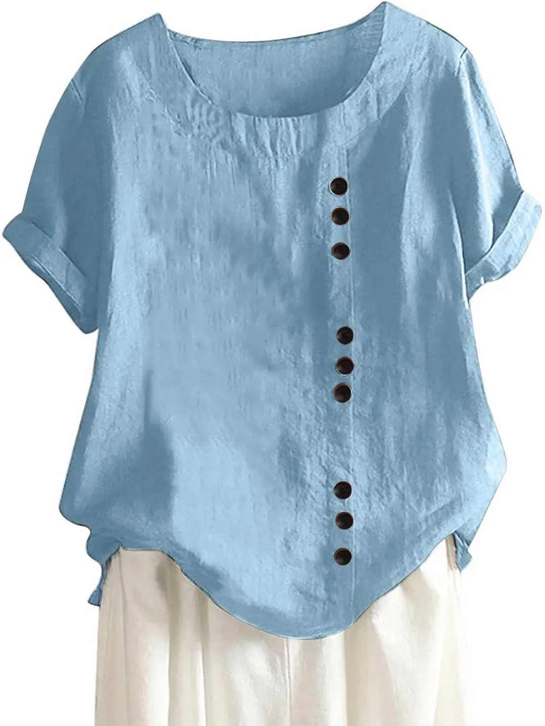 Crewneck Linen Top Blouses for Women
