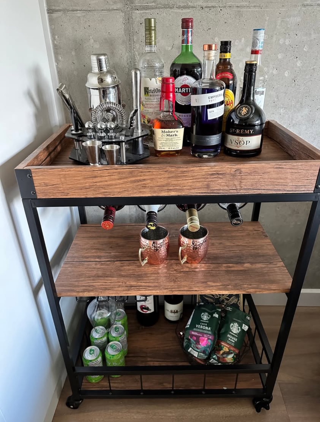 Bar Cart with 3 Shelves and Wine Rack