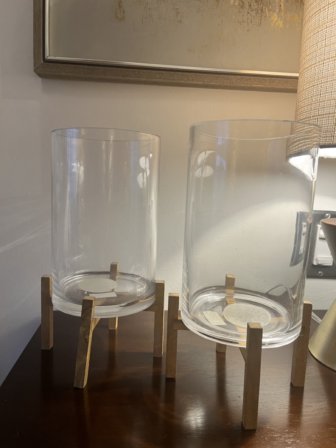Set of 2 Glass Vases with Wooden Stands