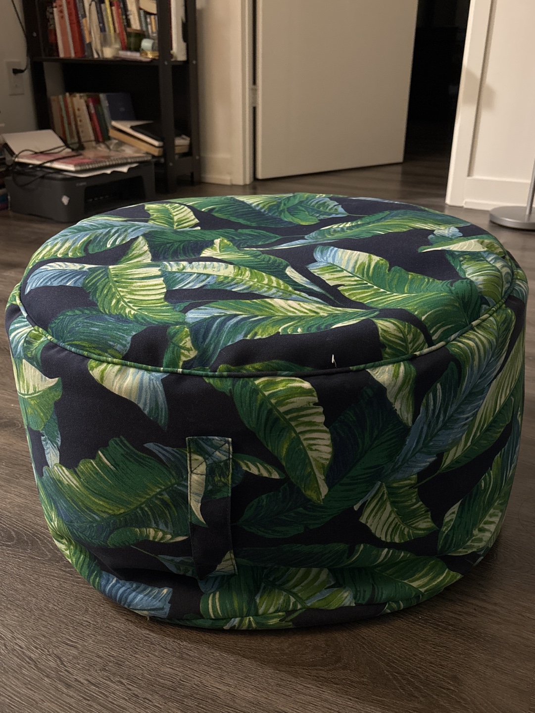 Round Ottoman with Tropical Leaf Pattern