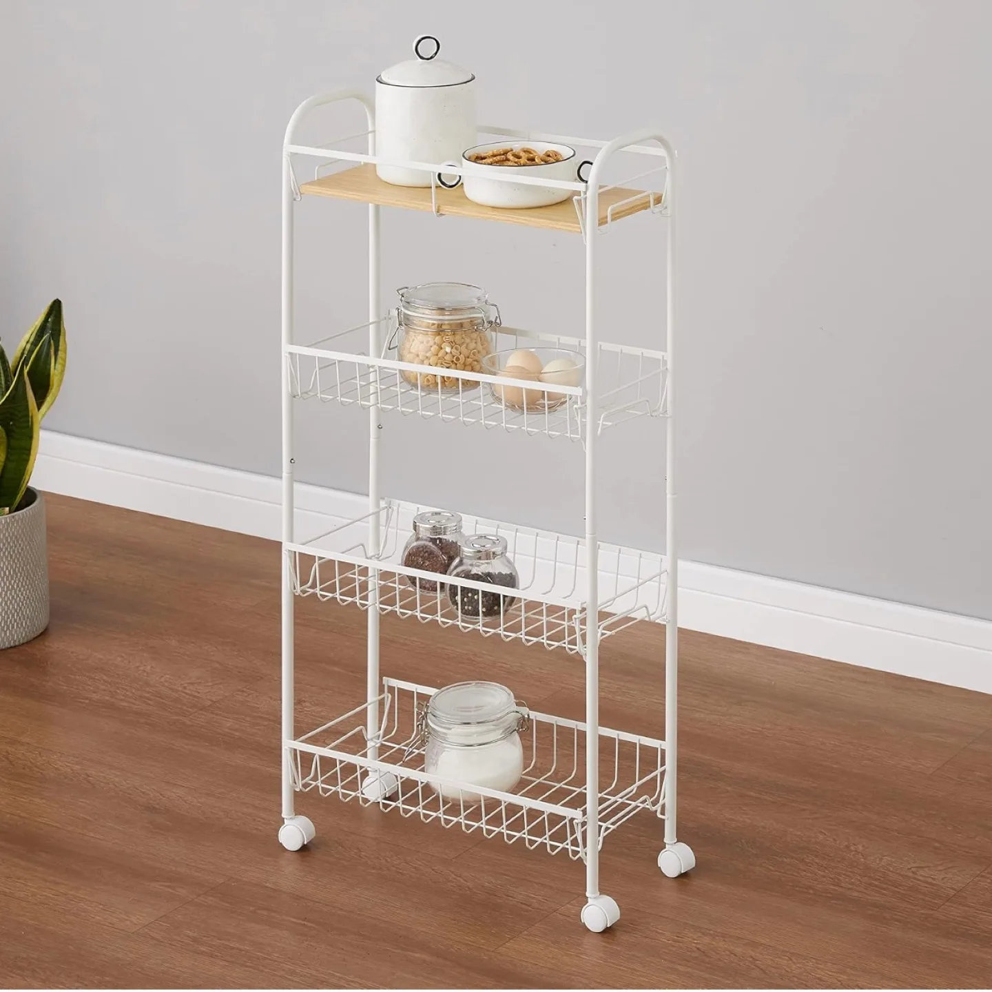 *Brand New* 4-Tier Storage Trolley with Wooden Shelf - White image indicator(6)