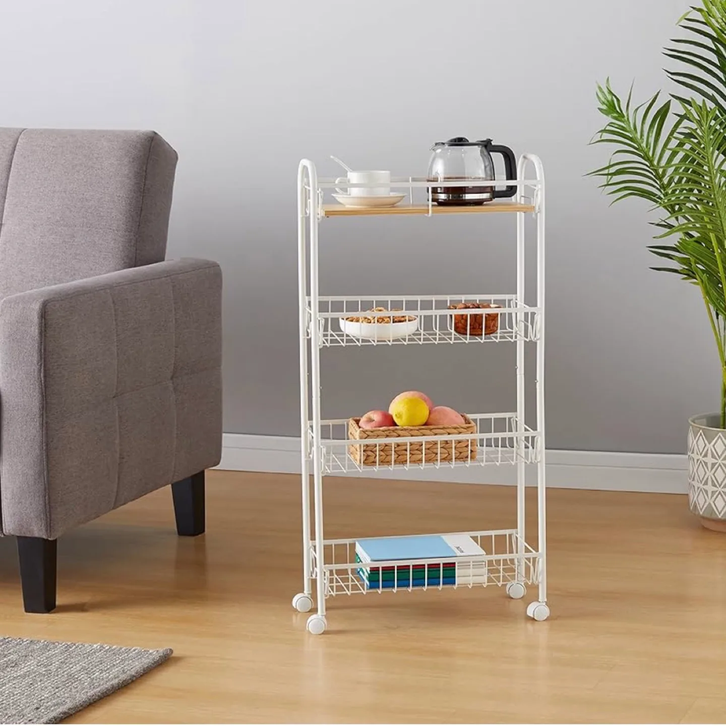 *Brand New* 4-Tier Storage Trolley with Wooden Shelf - White image indicator(7)
