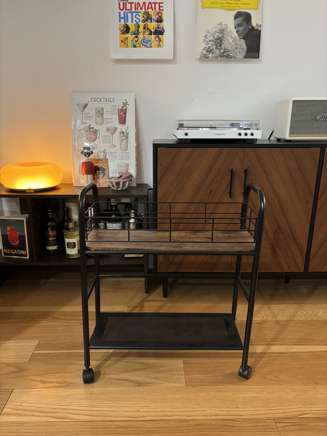 Black Rolling Bar Cart with Wooden Shelf