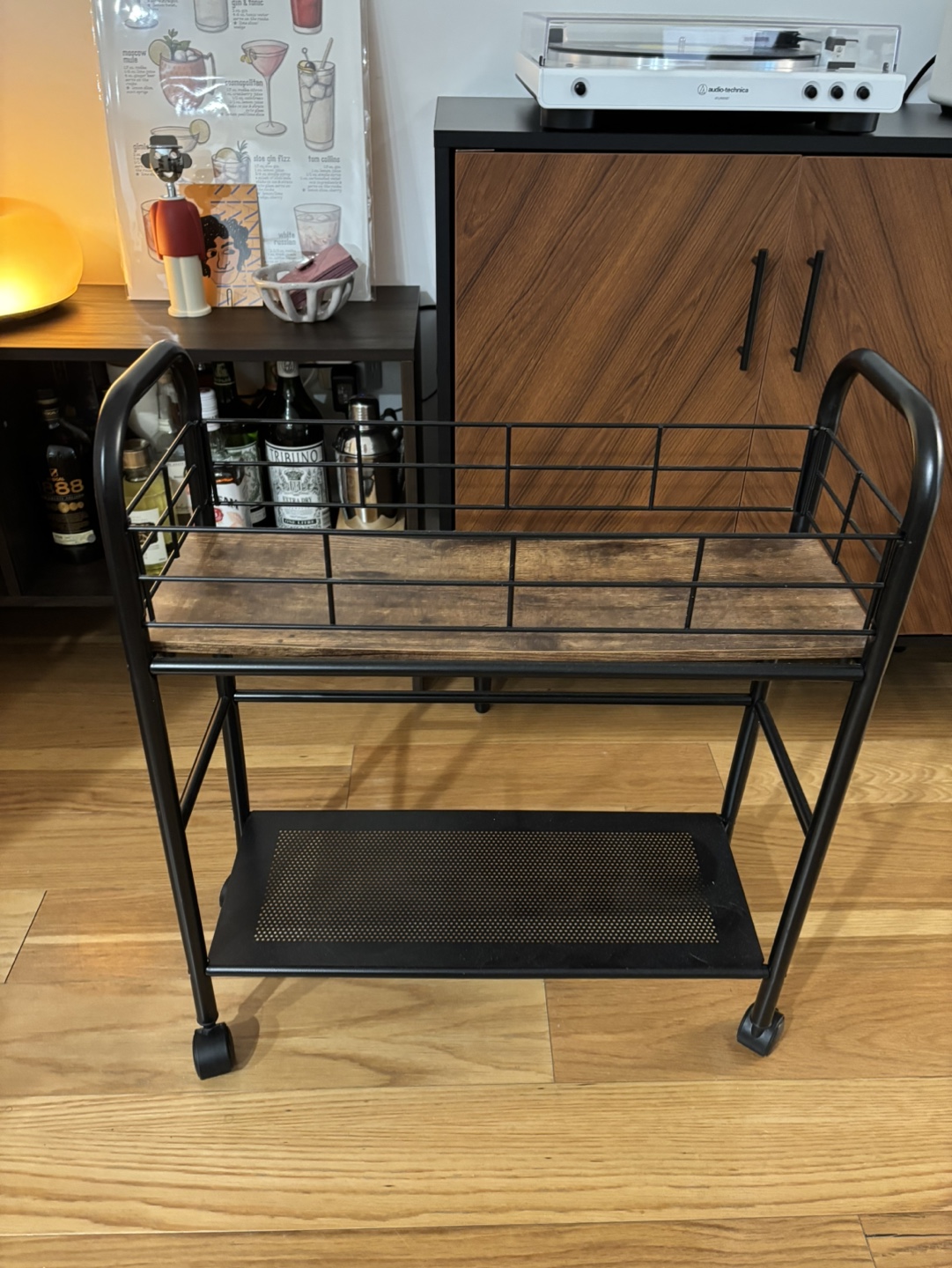 Black Rolling Bar Cart with Wooden Shelf - photo 2