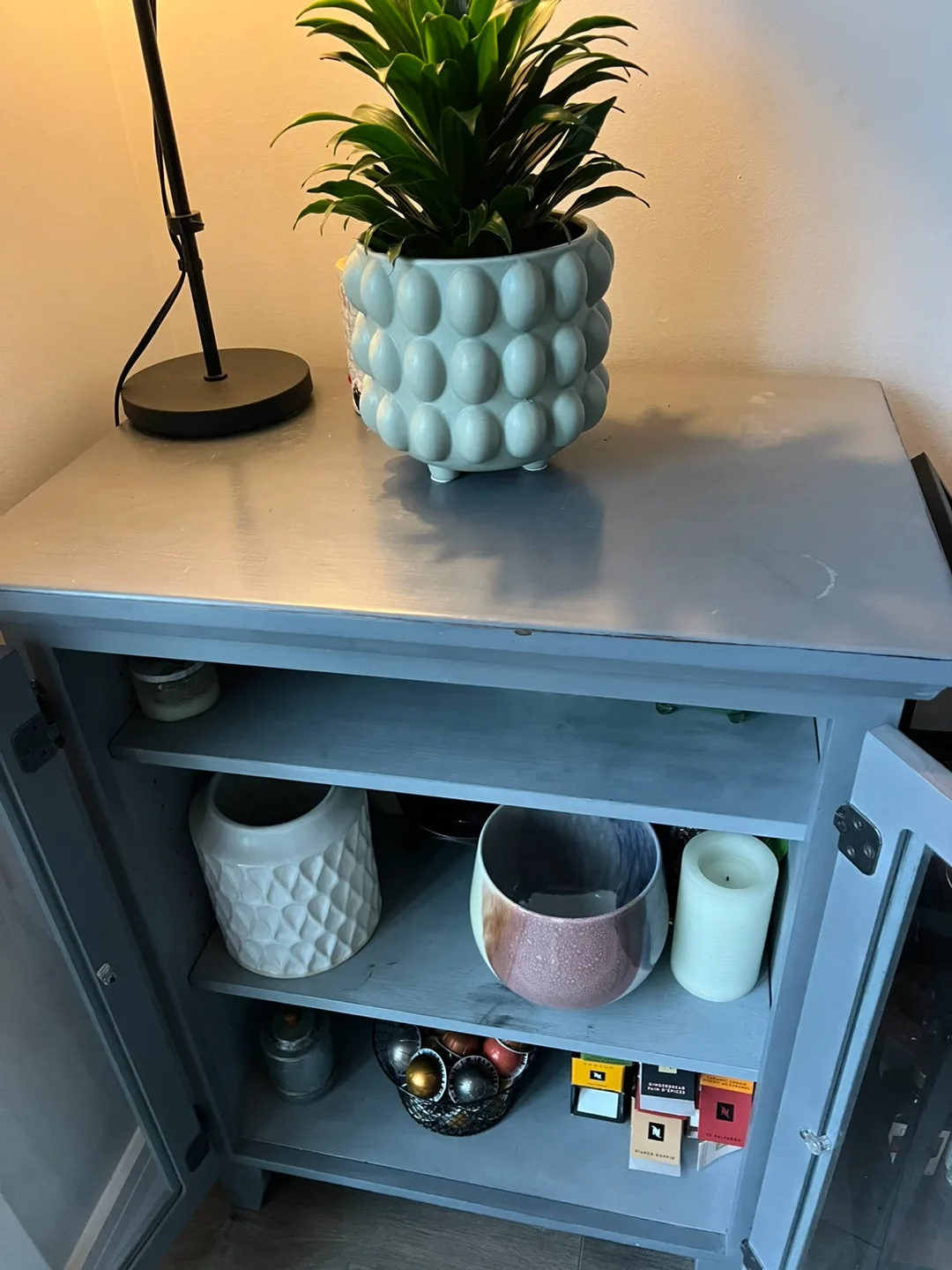 Grey/blue wood Cabinet with Glass Doors image indicator(3)
