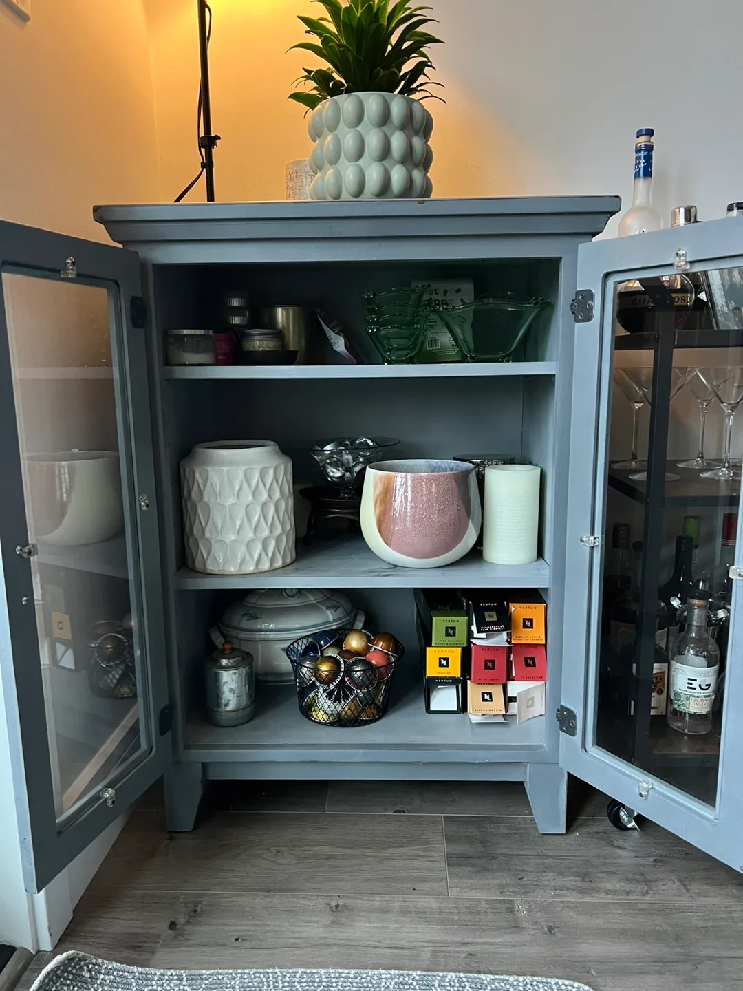 Grey/blue wood Cabinet with Glass Doors image indicator(2)