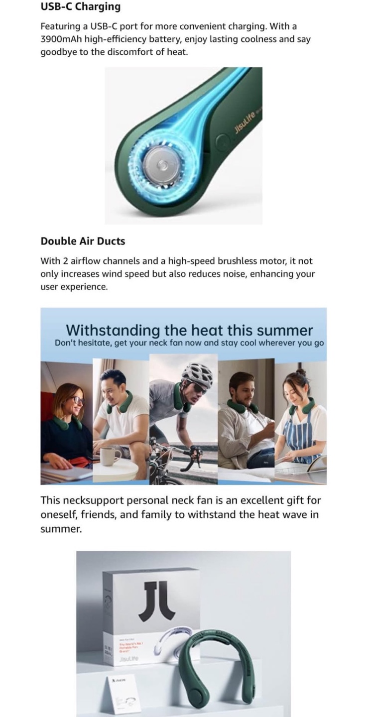 JISULIFE Portable Neck Fan Upgraded, Necksupport Personal Fan - photo 4