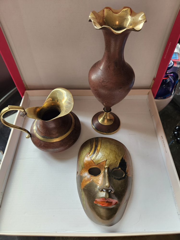 Vintage Brass Vases and Mask Set