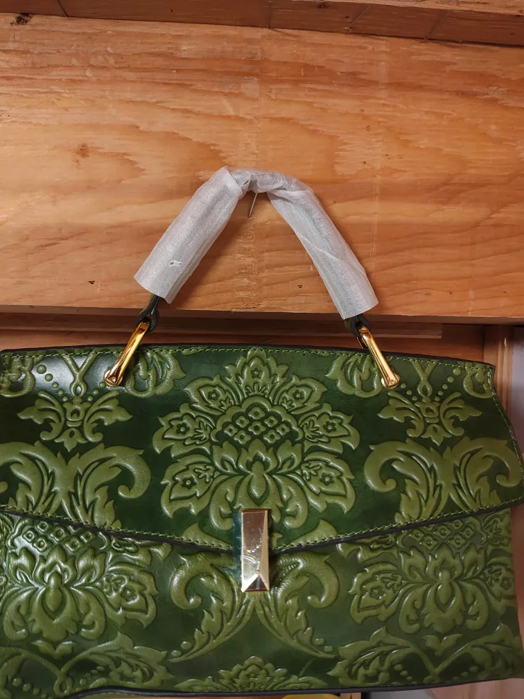 Green Leather Handbag with Floral Embossed Design (Sales) image indicator(2)