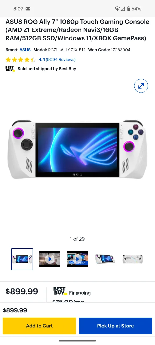 ASUS ROG Ally 7" 1080p Touch Gaming Console thumbnail