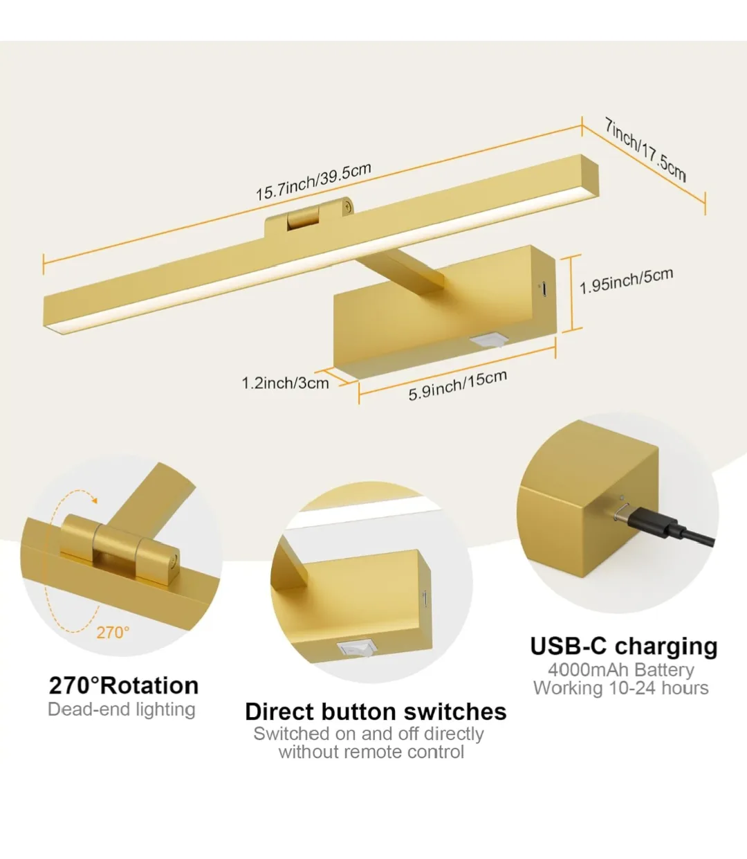 Gold Picture Light with Remote, USB Rechargeable image indicator(2)