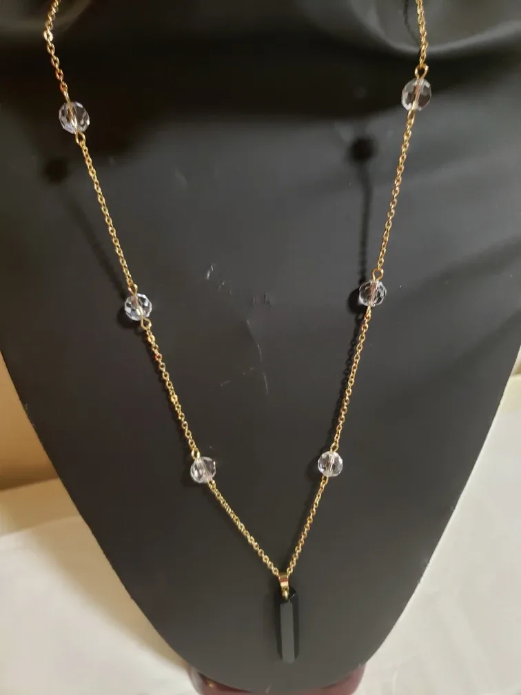 long Gold Chain Necklace with Black Pendant image indicator(2)