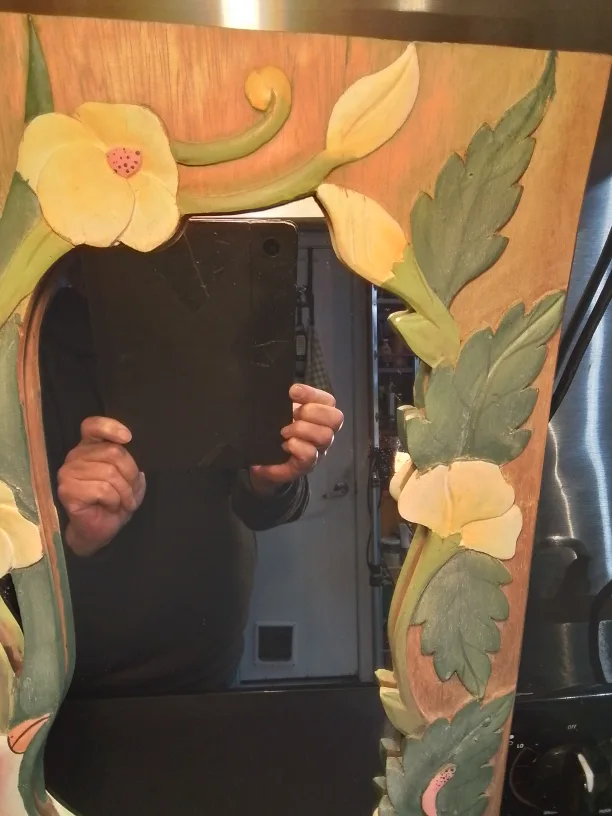 Hand-Carved Wooden Mirror with Bird and Flowers Vintage image indicator(10)