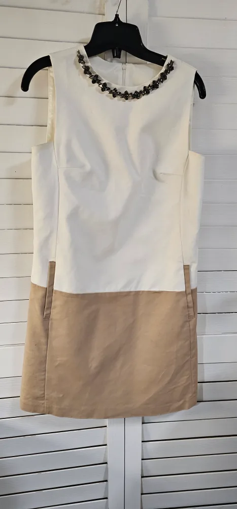 Zara Basic White and Tan Dress with Beaded Collar image indicator(3)