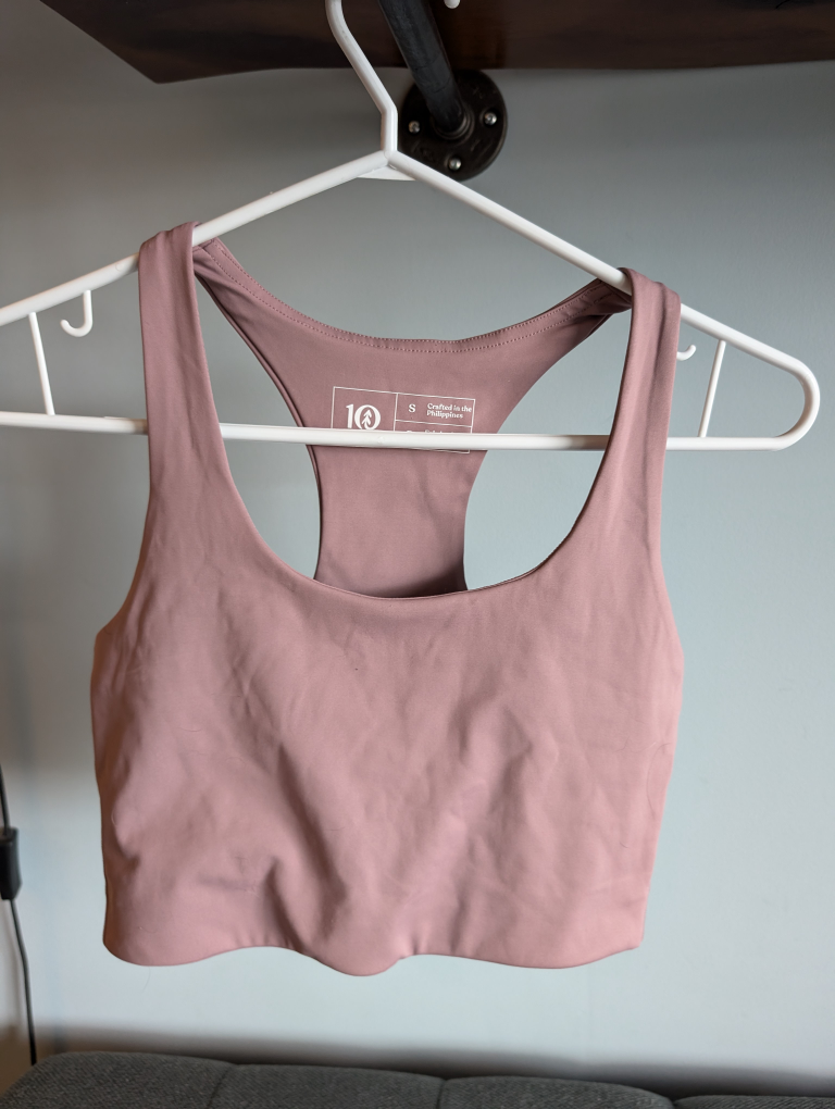 Tentree Longline Bra, Twilight Mauve, size small.