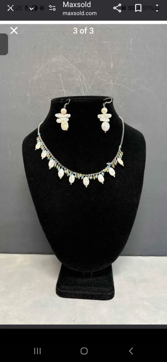 925 Silver and Pearl  Necklace Earrings Jewelry Set - Marked image indicator(3)