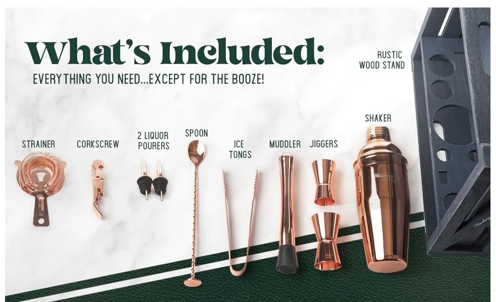 11 PCS Rustic Wood Stand BARTENDER Set GUN Metal Black image indicator(4)