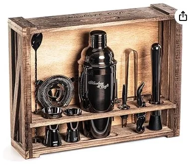 11 PCS Rustic Wood Stand BARTENDER Set GUN Metal Black image indicator(2)