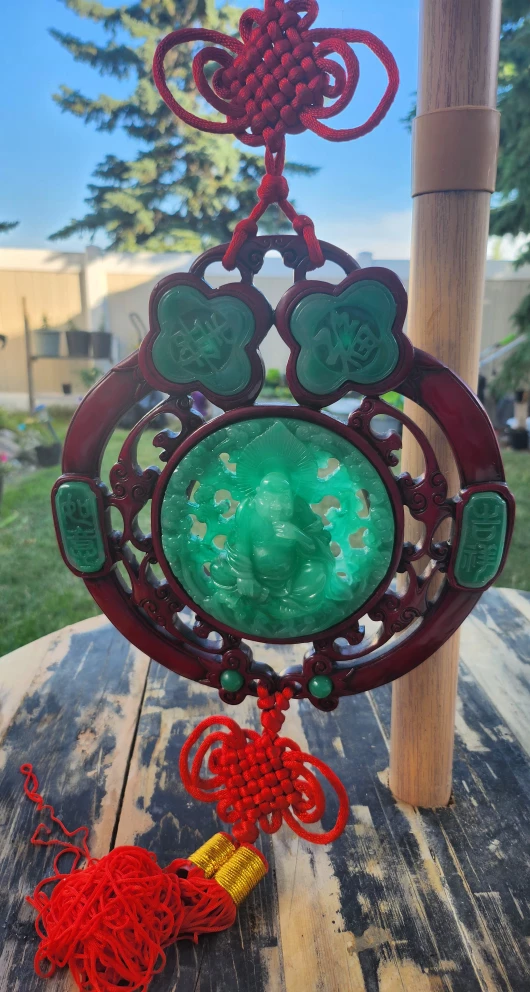 Vintage Chinese Faux Jade Buddha Wall Hanging w/ Red Knot