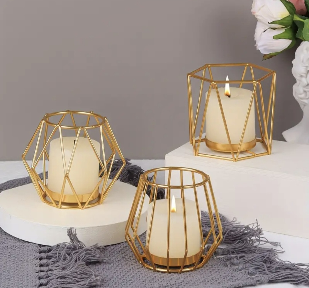 Set of 3 Metal Wire Gold Candle Holders