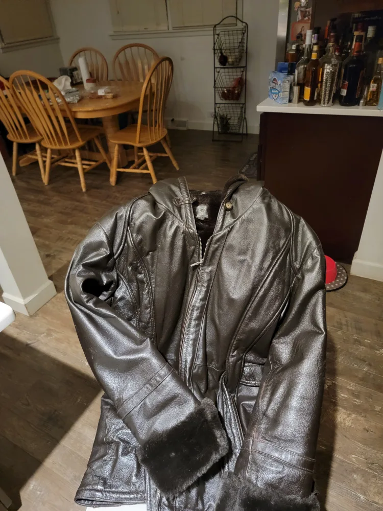 Brown Leather Jacket with Faux Fur lined with attached hood. thumbnail