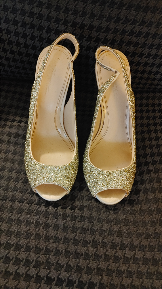 Gold Glitter Open Toe Heels (Size 10M)