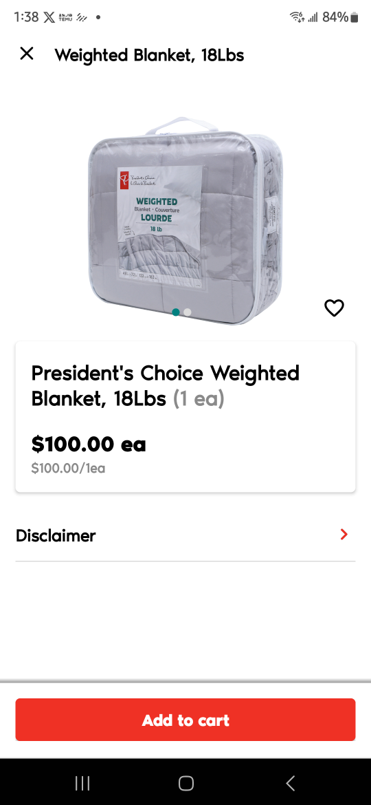 President's Choice Weighted Blanket 18 lbs