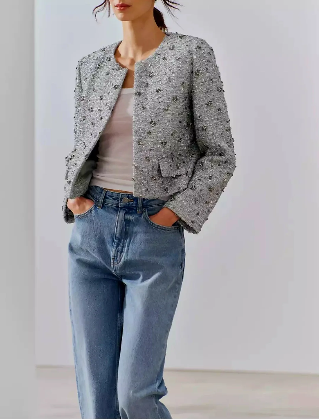 Ladies Zara Silver Sequinned Blazer Jacket Size Small image indicator(5)