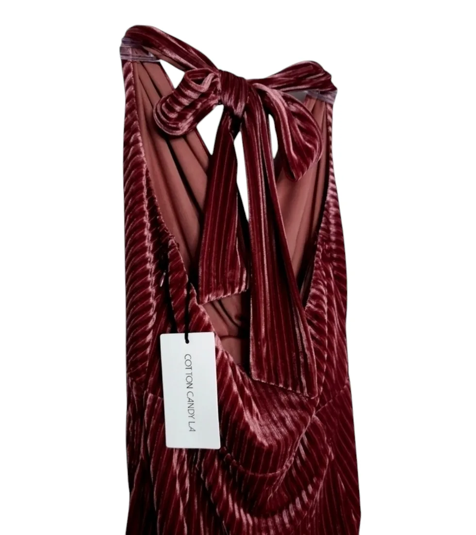NWT Burgundy Ribbed Veloour Halter Mini Dress image indicator(3)