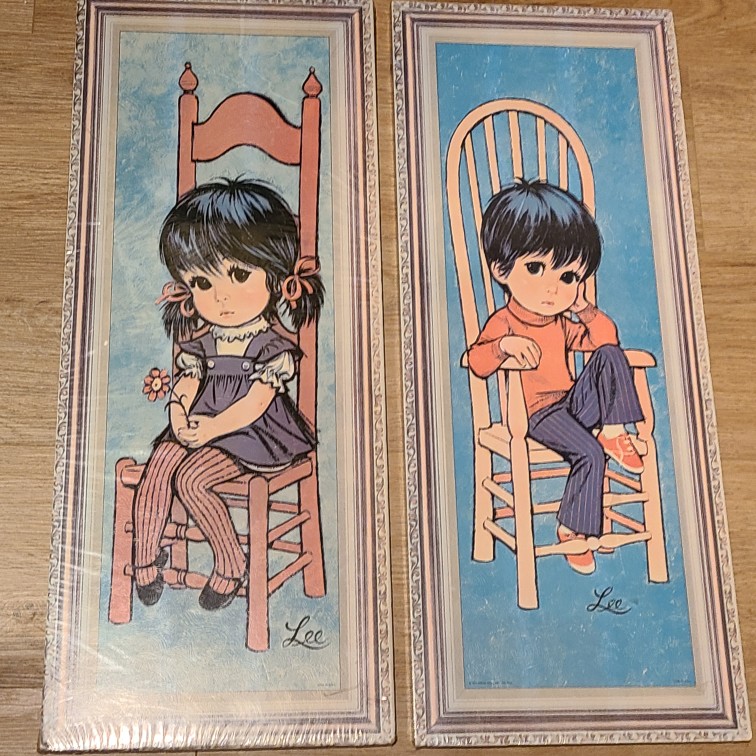 Vintage Big Eyes Boy Girl Cork Pictures Art by Lee 1971