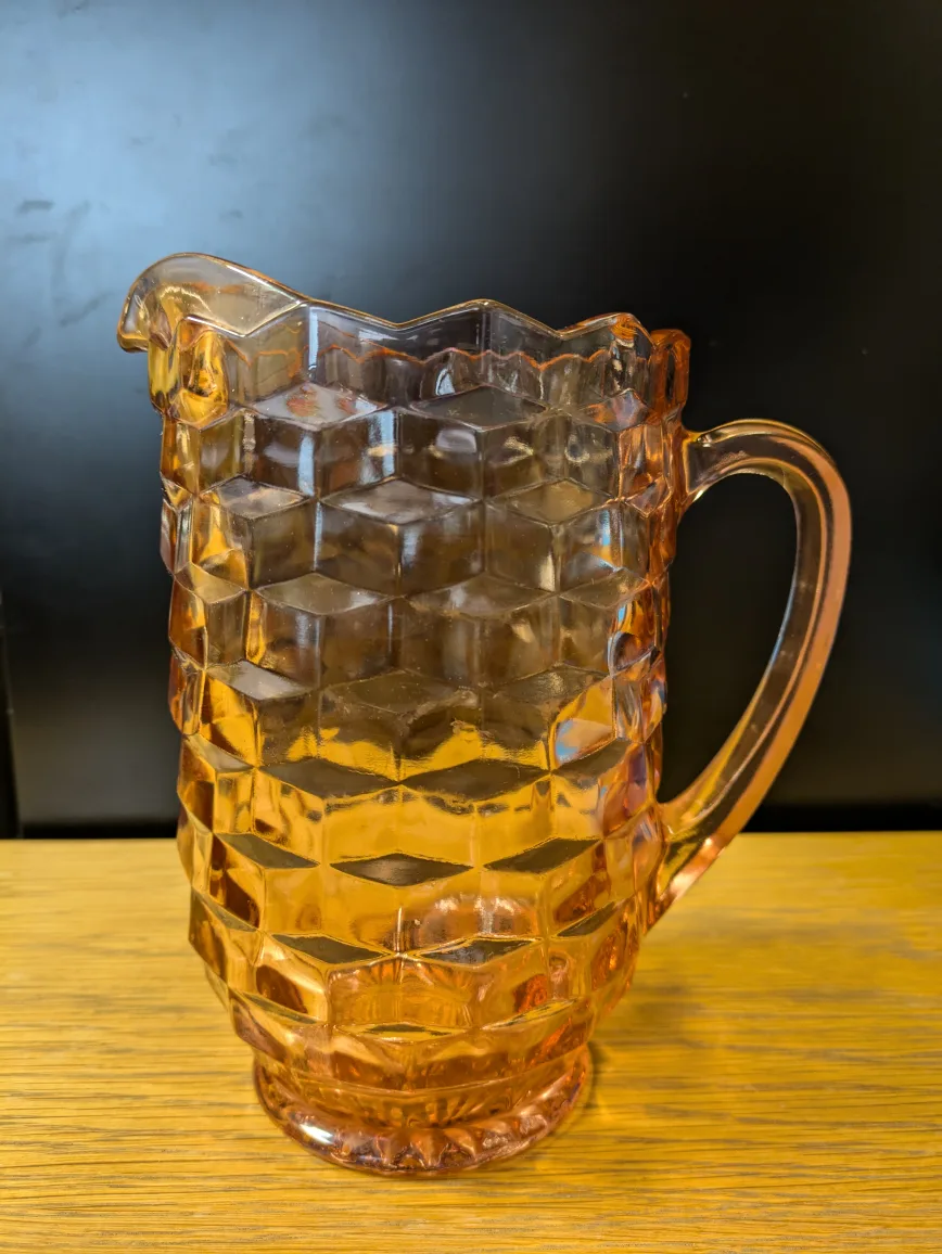 Vintage Pink Glass Cubist pitcher image indicator(2)