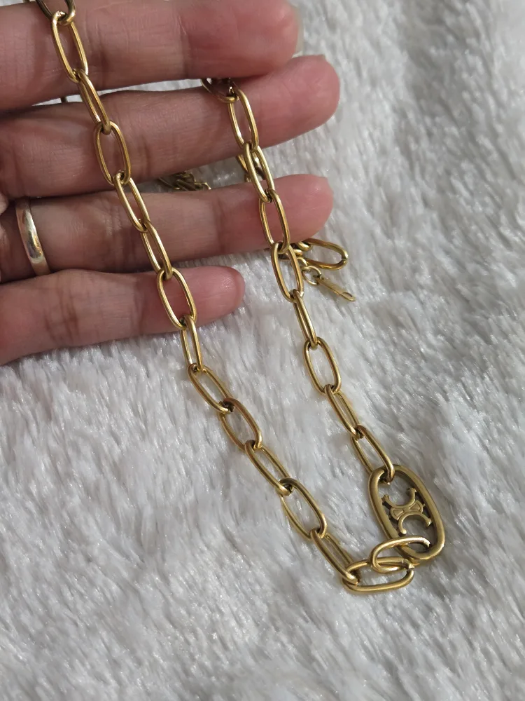 Stainless steel gold plated paperclip chain necklace image indicator(2)