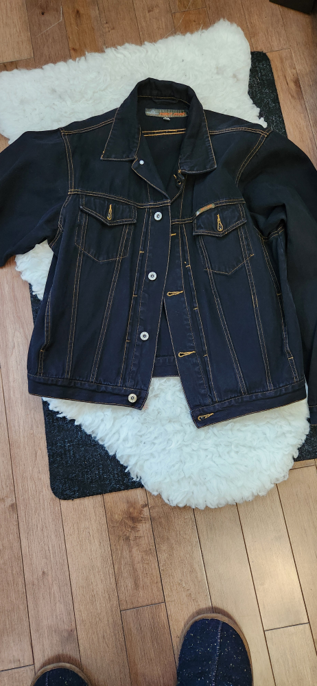 Brand New Black Denim Jacket with Orange Stitching