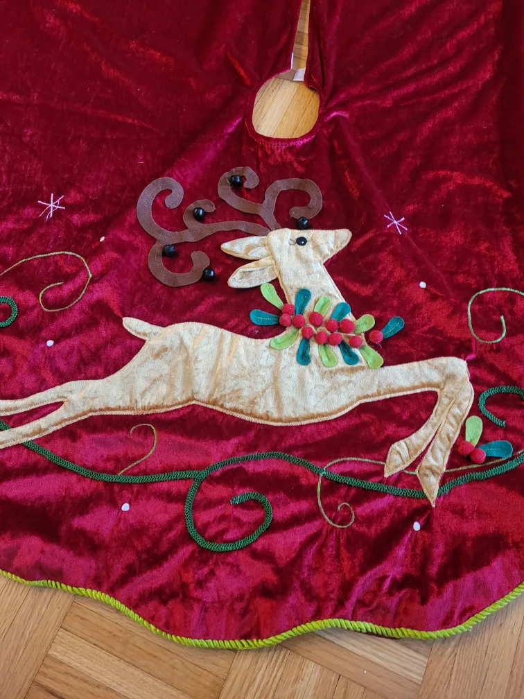 Red Velvet Christmas Tree Skirt with Reindeer thumbnail