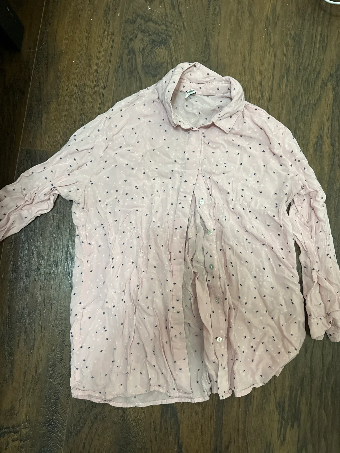 Pink Button Up Shirt with Bird Pattern - size m thumbnail