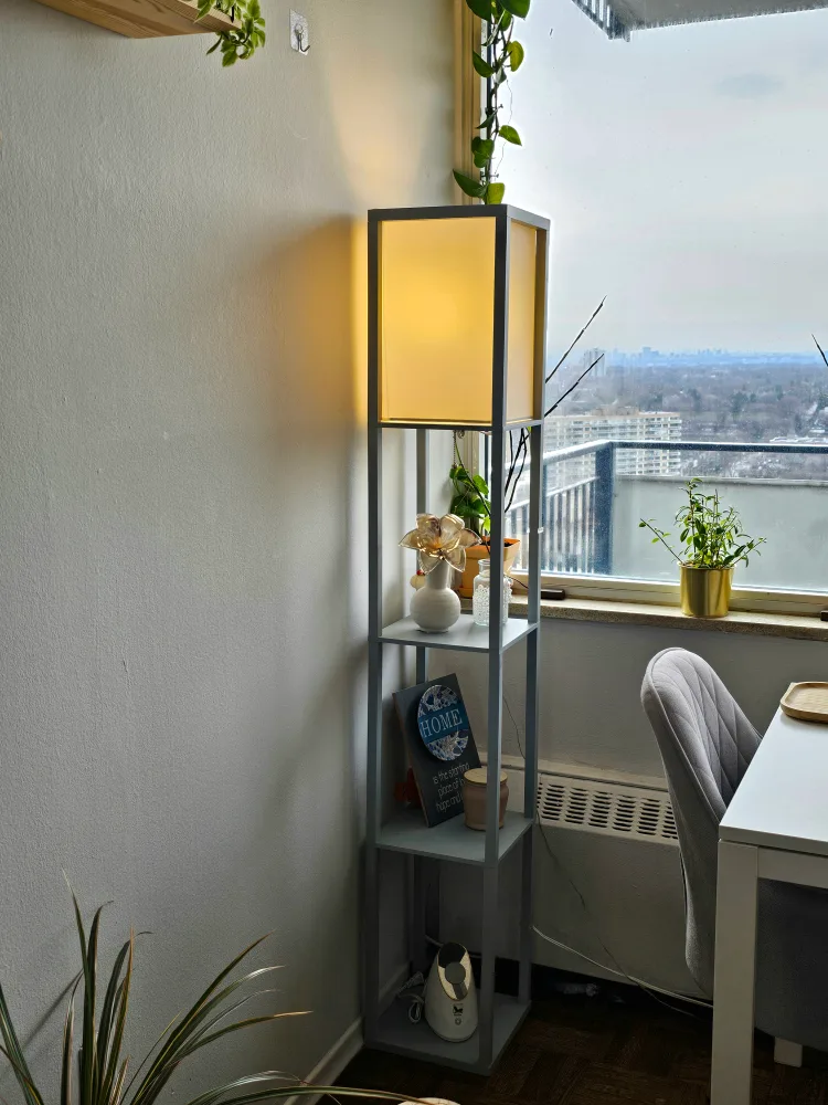 Floor Lamp Organizer Storage Shelf with Linen Shade, Gray thumbnail
