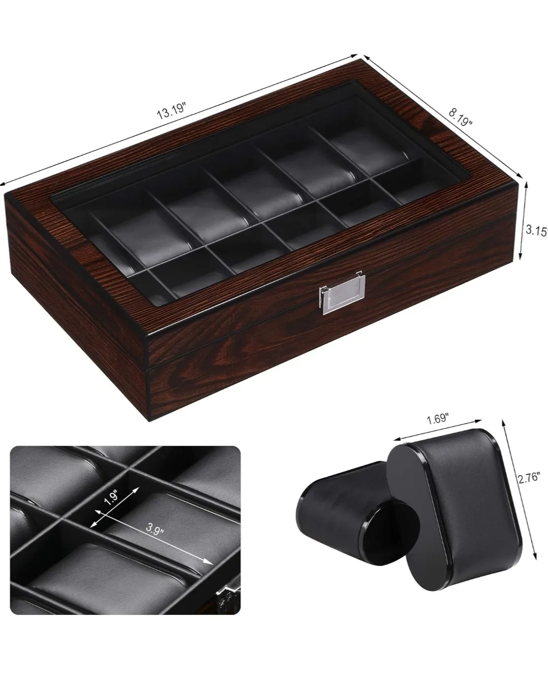 BEWISHOME 12-Slot Watch Box with Glass Window, Brown image indicator(3)