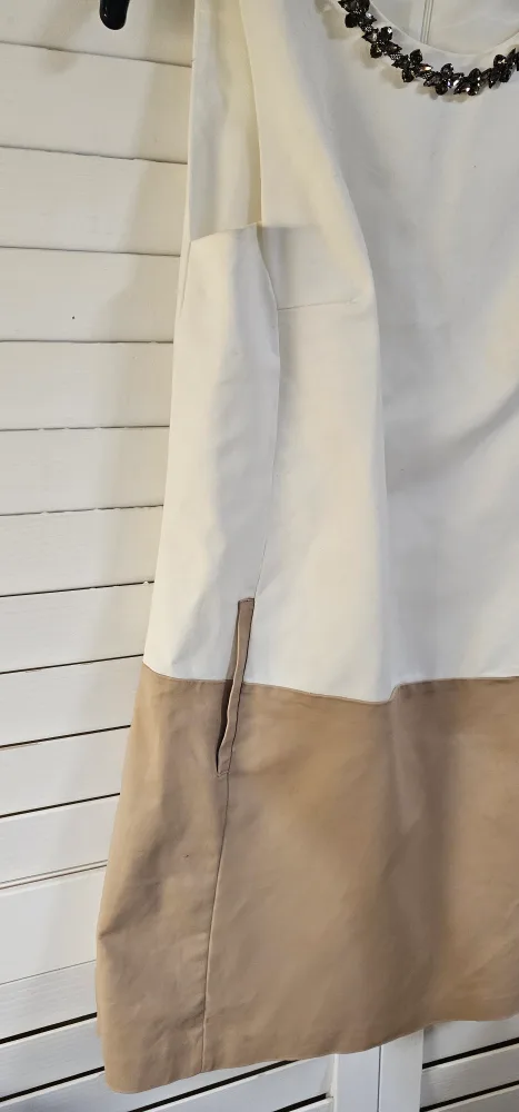 Zara Basic White and Tan Dress with Beaded Collar image indicator(5)