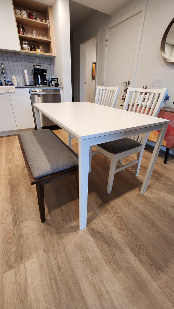 White Dining Table, Chairs, and bench