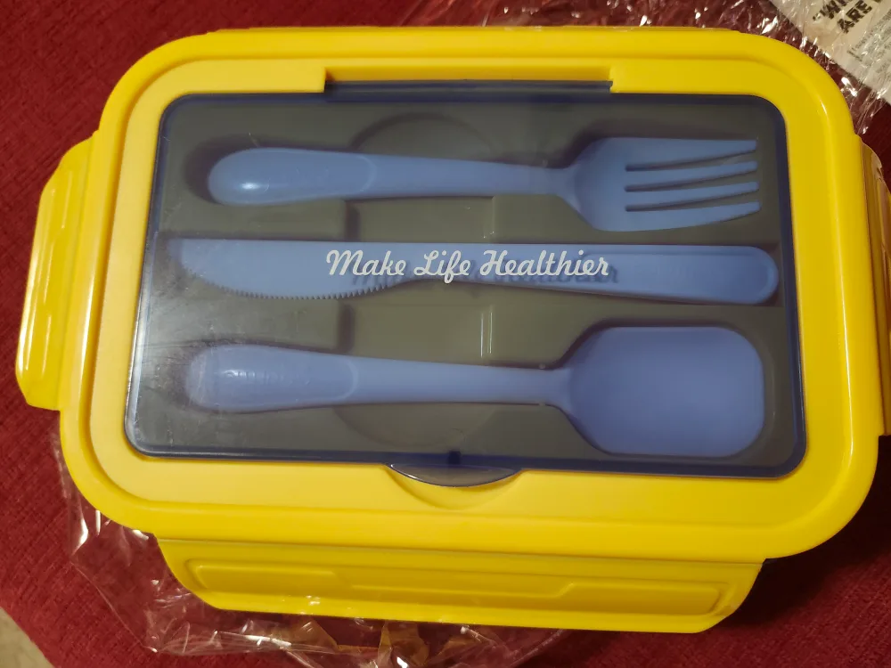 Yellow and Blue Lunch Container with Utensils image indicator(3)